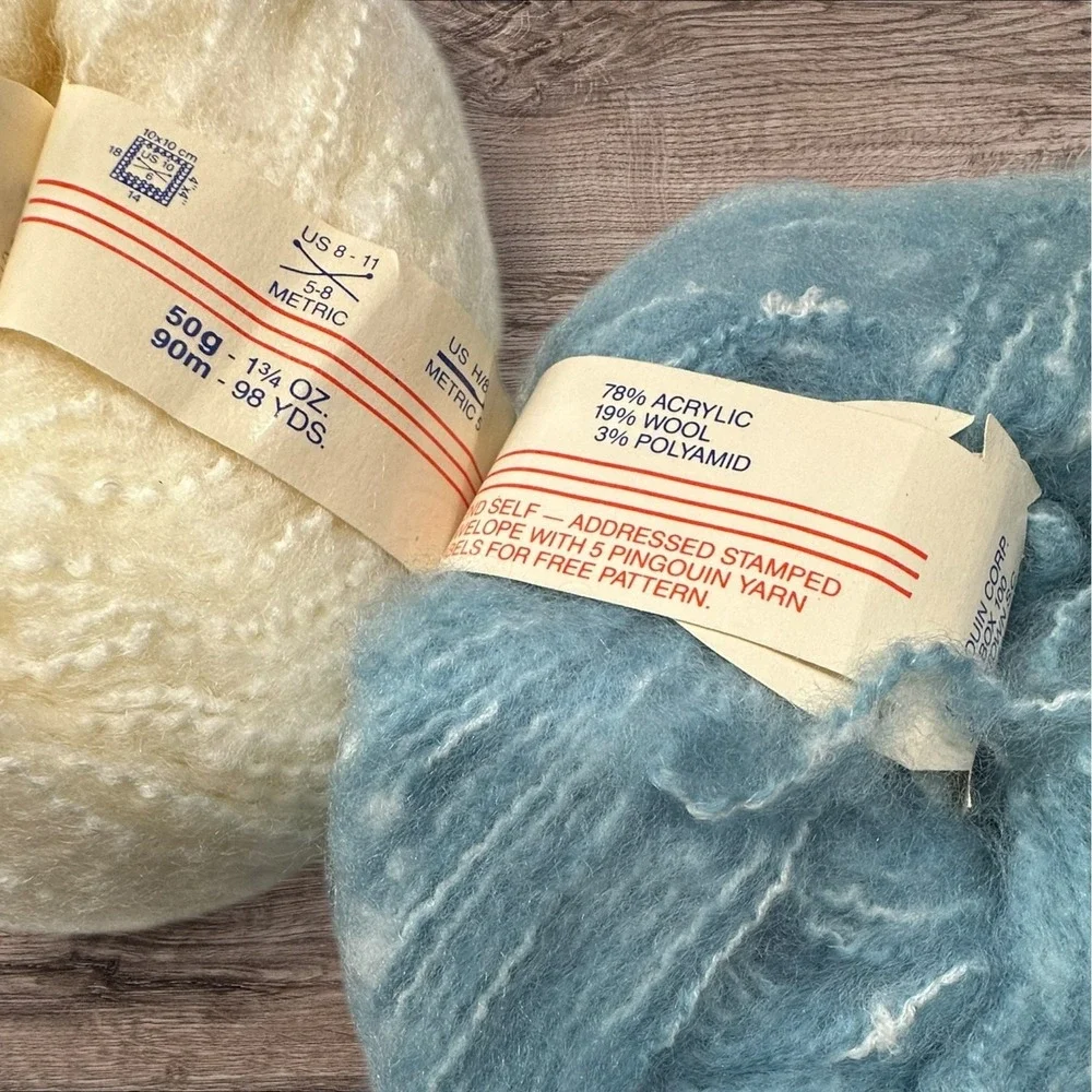 4 Vintage Pingouin Mystere Mohair Wool Blend FluffyYarn 2 Cream 2‎ Blue